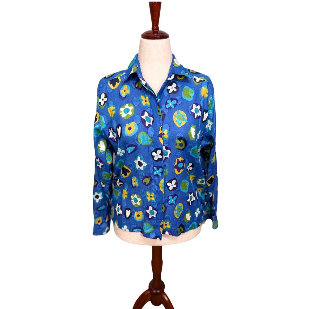 Maus & Hoffman blouse blue green pattern & texture !00% cotton long sleeve Sz M